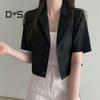 Женский летний костюм, пальто с лацканами, с коротким рукавом, однобортный, на пуговицах, с планкой, короткий пиджак, однотонный, свободный крой, деловая верхняя одежда