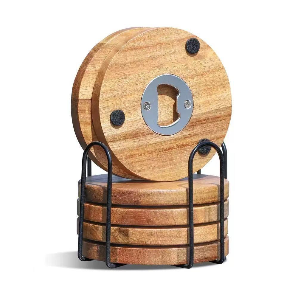 6PCS 2 in 1 Wood Coaster with Bottle Opener Non-Slip Round Insulated Cup Pad with Storage Rack Party Cup Mat Set Bar