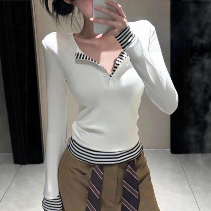 2025 Women's Autumn/Winter Striped Color Block Long-Sleeve Patchwork Two-in-One T-Shirt