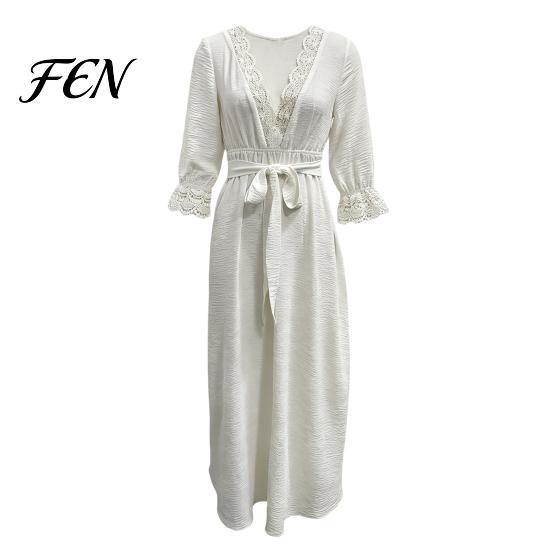 Beach Vacation Dress Women V-Neck Lace for Fall, 3/4 Sleeves Maxi with Autumn Outfits Belt, Solid Color Loose Casual Long Daily Wear Versatile