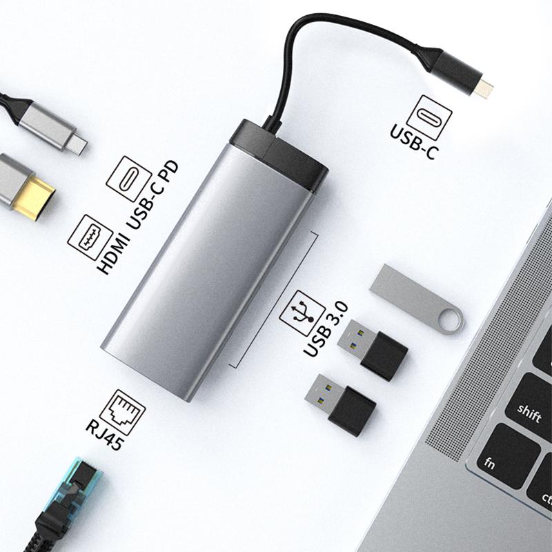 6 in 1 Usb 3.0 Hub Fast Charge HD-MI USB3.0*3 Usb c Hubs RJ45 1000M SD TF Usb c Hub Ethernet
