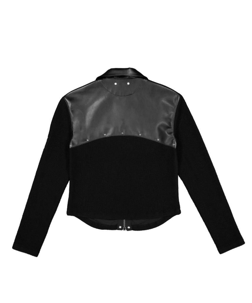LANARCHIVE [0162] Cross Leather Collar Zip-Up Jacket - Black
