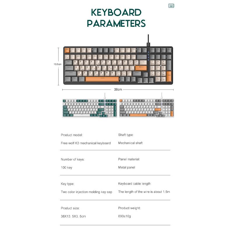 Механическая клавиатура K3, 100 клавиш, игровые клавиатуры для геймеров, игровые клавиатуры с RGB-подсветкой, проводные клавиатуры USB Type-C для настольных ПК