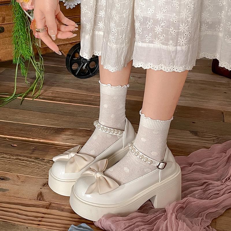 Белые туфли Мэри Джейн на платформе с бантом, на толстом каблуке, из маленькой кожи, женские, 2025, новые, весна-осень, с круглым носком, универсальные, на высоком каблуке