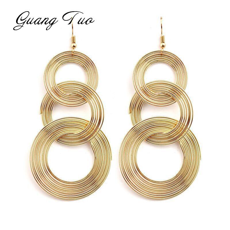Punk Gold Colour Big Geometric 3 Circle Metal Long Dangle Earrings For Women Bohemian Party Exaggerated Fashion Jewelry