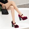 Women Velour Pumps Chunky Super High Heels Platform Green Blue Velvet Mary Jane Shoes