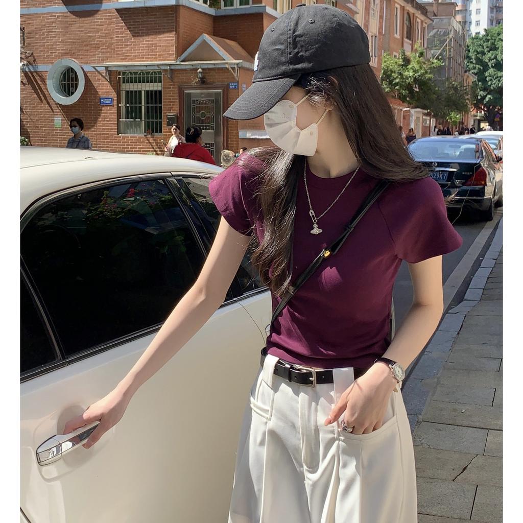 Короткая футболка из чистого хлопка с высокой талией для женщин, летняя новая круглая горловина, распорка на плечах, короткий рукав, базовая рубашка