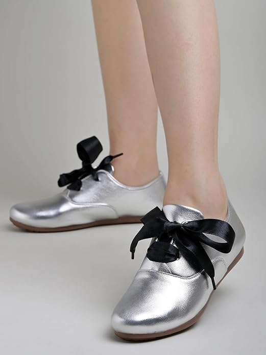 Shoetopia Women Dress Shoes Stylish Metallic Flats with Black Bow Detail, Perfect for Formal & Casual Occasions