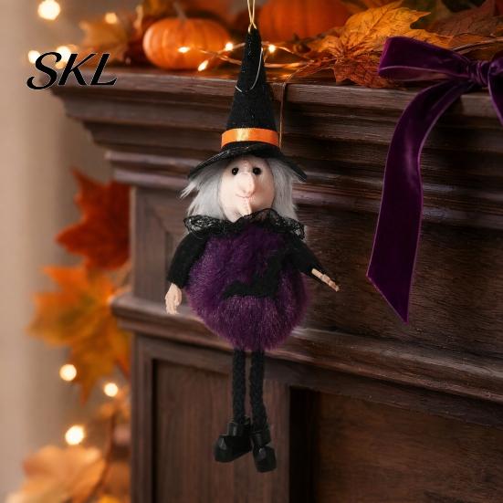 Witch Figurine For Halloween Plush Pom Hanging Decoration, Pumpkin/Ghost/Black Cat/Witch Doll Holiday Decoration Ornament for Tree, Porch, Window