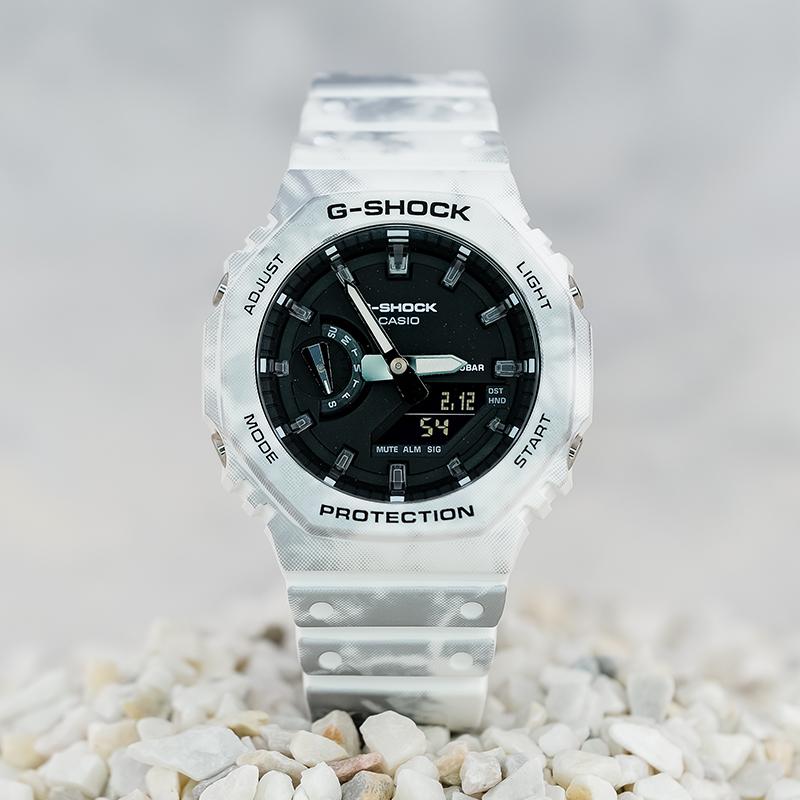Casio Серия «Снежный камуфляж» Сменный ремешок Водонепроницаемые и ударопрочные Спортивные часы Кварцевый механизм Пластиковый ремешок Японские и GAE-2100GC-7APR