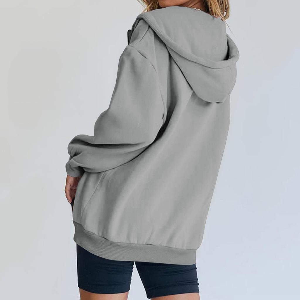 Solid Color Long Sleeve Pocket Hooded Zipper Thickened Pullover Sweatshirt for Women