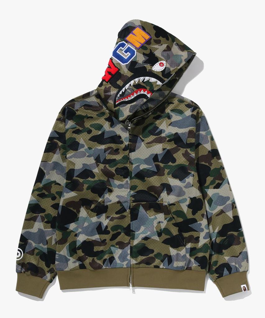 Bape Худи с полной молнией, укороченное, с принтом "Звезда над камуфляжем", сетчатыми вставками и изображением акулы (M) зеленый