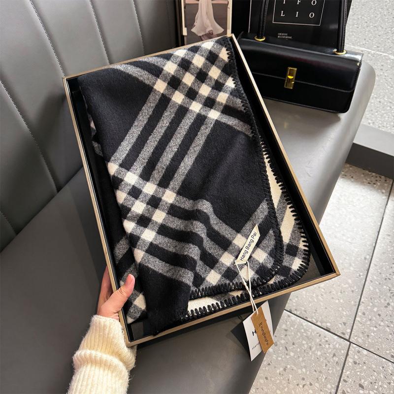 Checked Scarf, Korean Trendy Autumn and Winter Scarf, Line Double-sided Imitation Cashmere Scarf