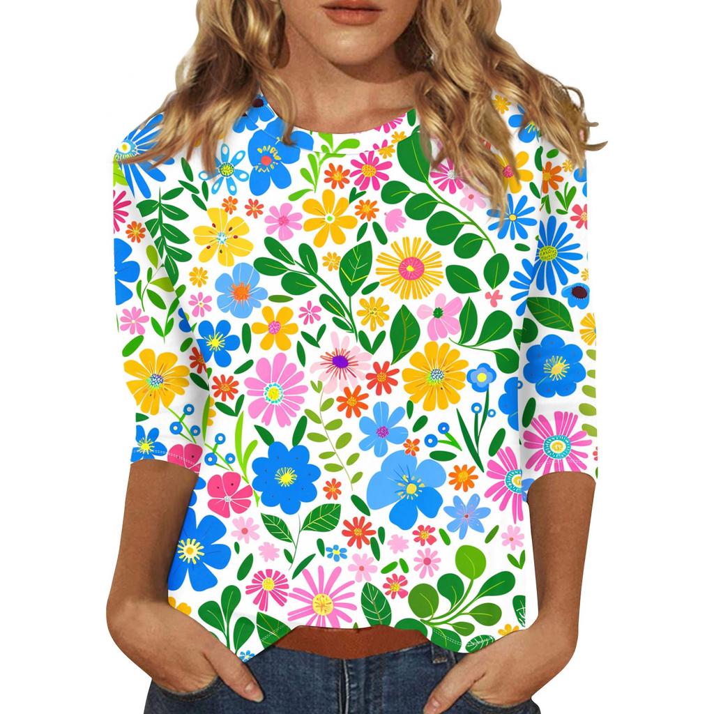 Женский топ с цветочным принтом, круглым вырезом и рукавами три четверти Футболка Футболка с рукавами три четверти