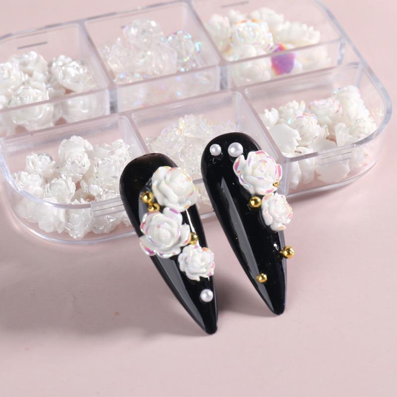 White Aurora Camellia Nail Art Jewelry Acrylic Resin Flowers Design Elegant Wedding Charms Accessories Rhinestone Decor