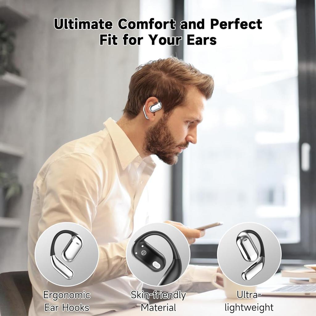 Intelligent Touch Screen Open Ear Earbuds Bluetooth 5.4 Headphones Over The Ear Earbuds 50H Playtime LED Display Charging Case Sport Over Earphones