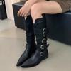 Мода 2024 года, горячая распродажа женской обуви, женские ботинки с боковой молнией, осень-зима, римские сапоги с острым носком, высокие сапоги на толстом каблуке, ковбойские сапоги