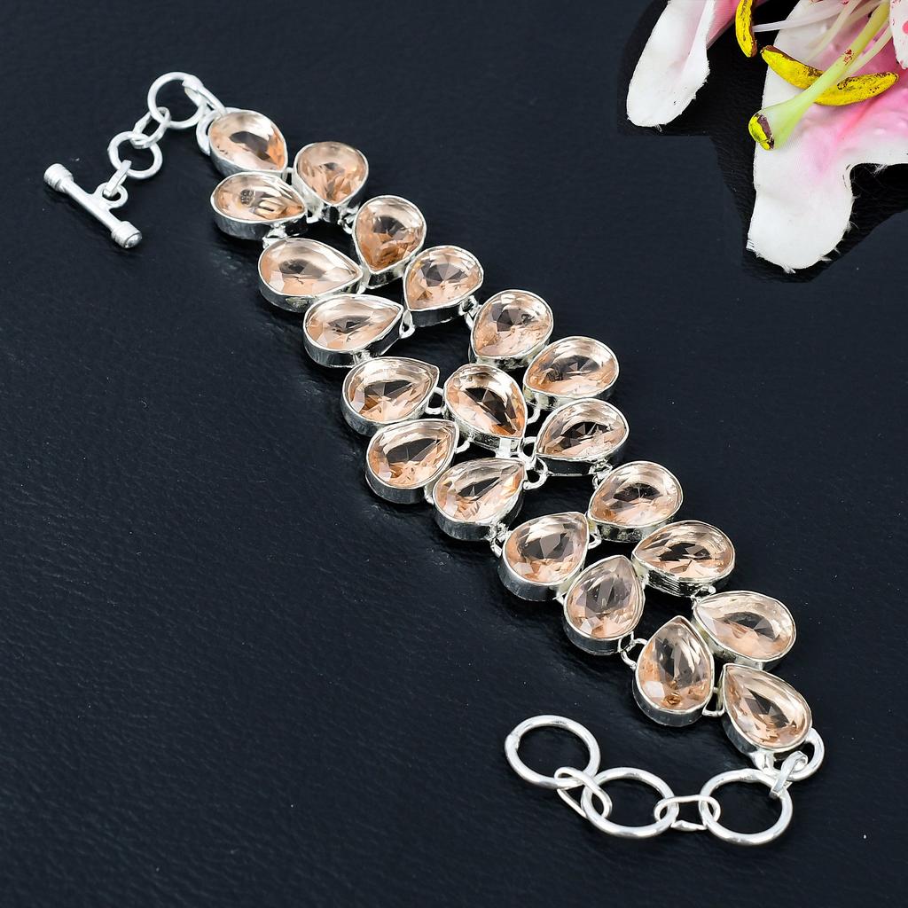 Morganite Gemstone Handmade 925 Sterling Silver Bracelet 7-8" KG-367