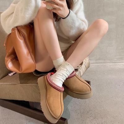 Этнический стиль толстоподошвочные пушистые тапочки женские 2025 новые мех интегрированный ленивый мешок голова полу-носок Tats угги