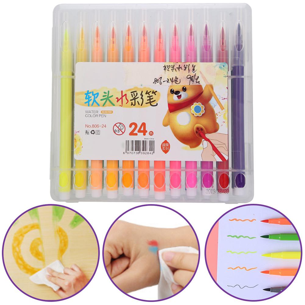 Watercolor Pen Set Washable Soft Fiber Tip Coloring Pen School Supplies for Elementary Painting Graffiti24 Colors