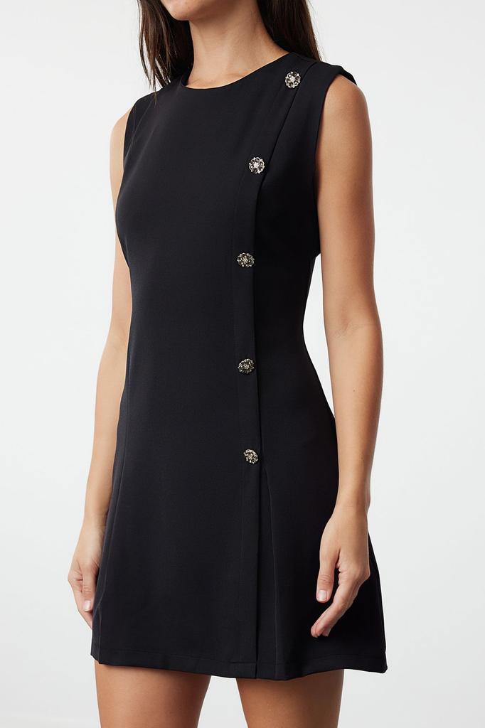 Women's Style Dress Black Straight Cut Button Detailed Mini Woven Dress