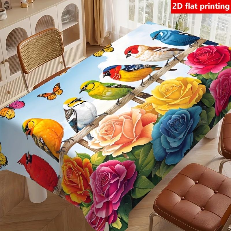 2D Flat Printing, 1pc Spring/summer Floral and Bird Pattern Tablecloth, Durable Polyester, Holiday Scene Tablecloth, Suitable for Home Kitchen, Dining