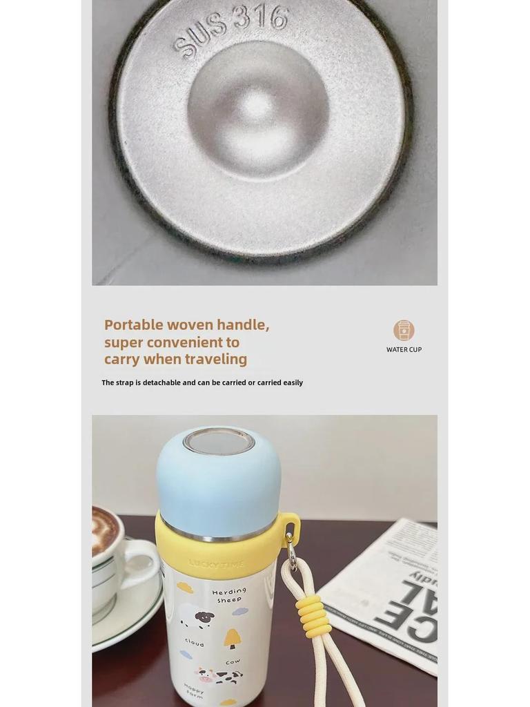 Dual-Use Cartoon Thermos Cup with Cute Rope - Stainless Steel Portable Water Bottle for Girls