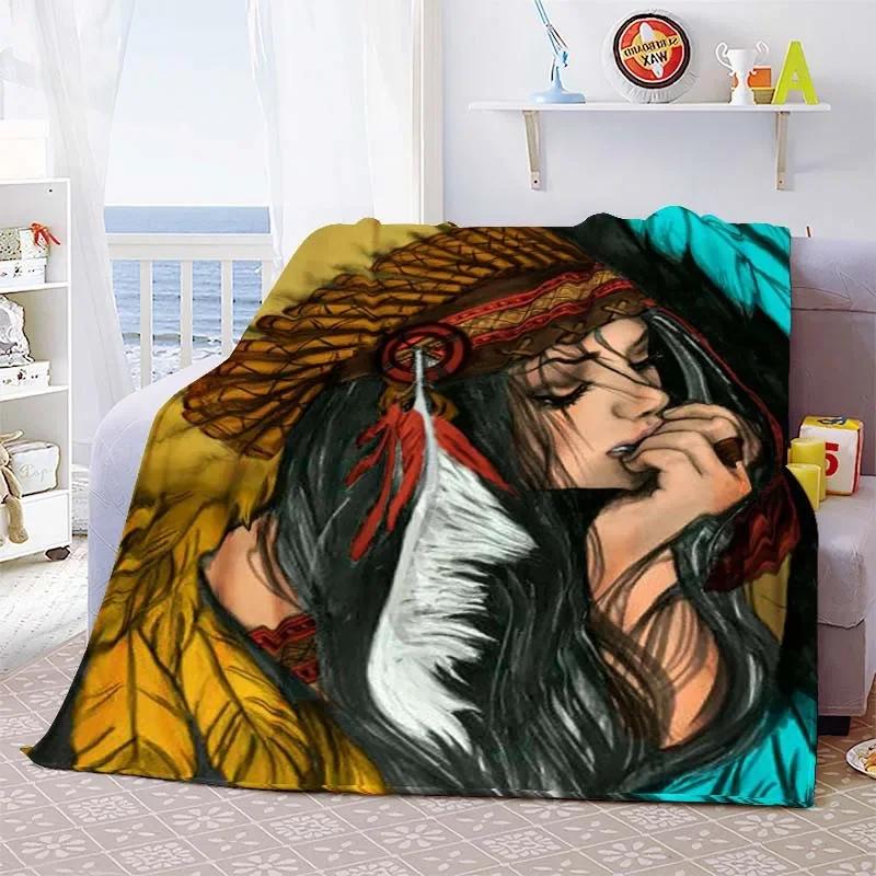 Indian Hunter Indigenous Culture Blanket Lightweight Cozy Soft Warm Flannel Throw Blanket Quilt Bedspread for Sofa Bed Home Gift