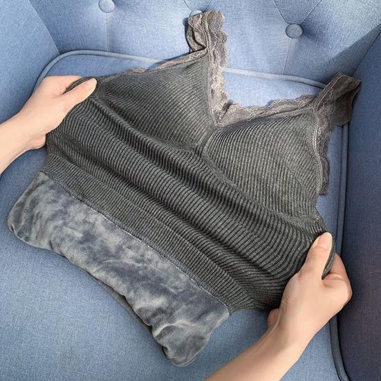 Women Vest V-Neck Sleeveless Padded Underwear Vest Solid Color Lace Trim Elastic Bottom Vest Winter Daily Wear