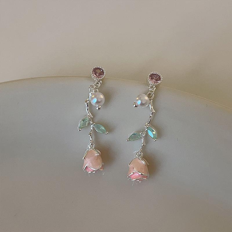 Элегантные серьги-пусеты с кисточками из розового циркона в виде розы для женщин - Высококлассный универсальный дизайн