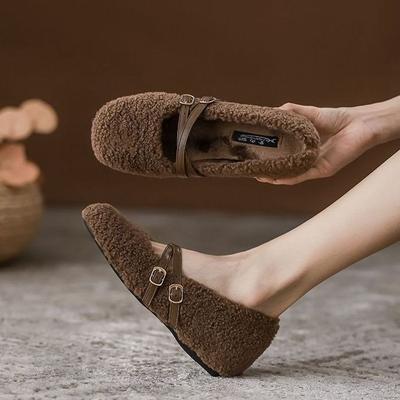 Мэри Джейн увеличивающие рост пушистые туфли женские туфли зимняя обувь круглый носок мягкая подошва ремешок с двойной пряжкой одинарные туфли бархатные туфли туфли из хлопка