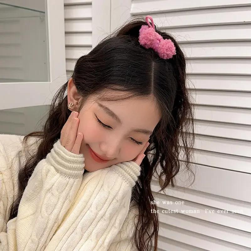 Strawberry Pink Ball Hair Ties Cherry Blossom Bow Scrunchies for Girls Kawaii Ponytail Holders Furry Pompoms Hair Accessorie