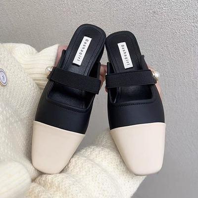 Низкий каблук Мюли Женская обувь Элегантные туфли с квадратным носком и жемчужным ремешком Сексуальные туфли с открытой пяткой на каблуке Удобные тапочки на маленьком каблуке