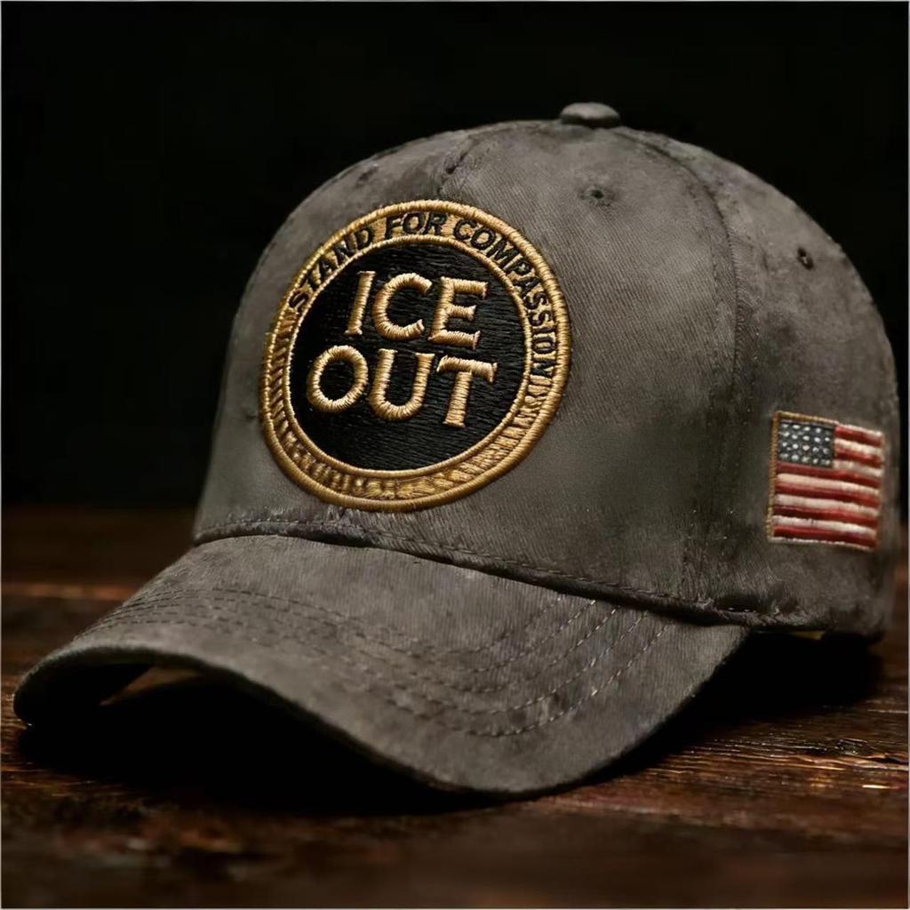 ICE Out Embroidered Baseball Cap Stand For Compassion Kindness Vintage Distressed Hat With American Flag Detail