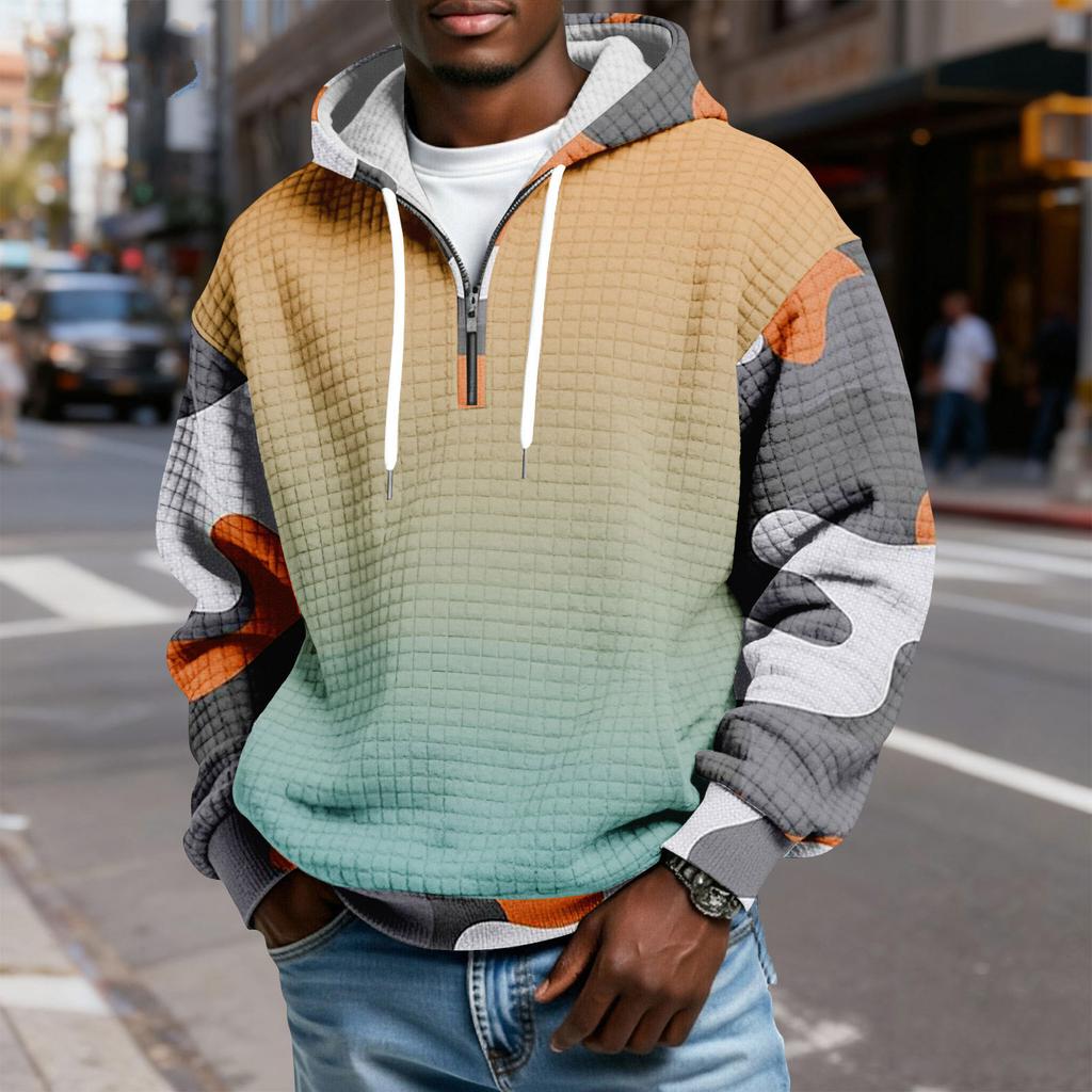 Мужской худи-пуловер в клетку с капюшоном на молнии до середины, со шнурком и принтом, повседневная спортивная толстовка