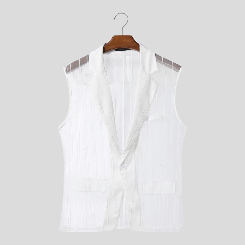 INCERUN Men Lapel Neck Sleeveless See Through Mesh Transparent Striped Blazer Tops