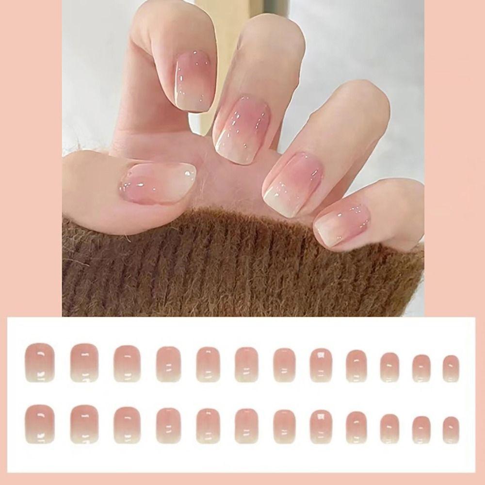 24Pcs/Box Glossy Gradient False Nails Full Cover French Style Nails Reusable Press On Nails Girl