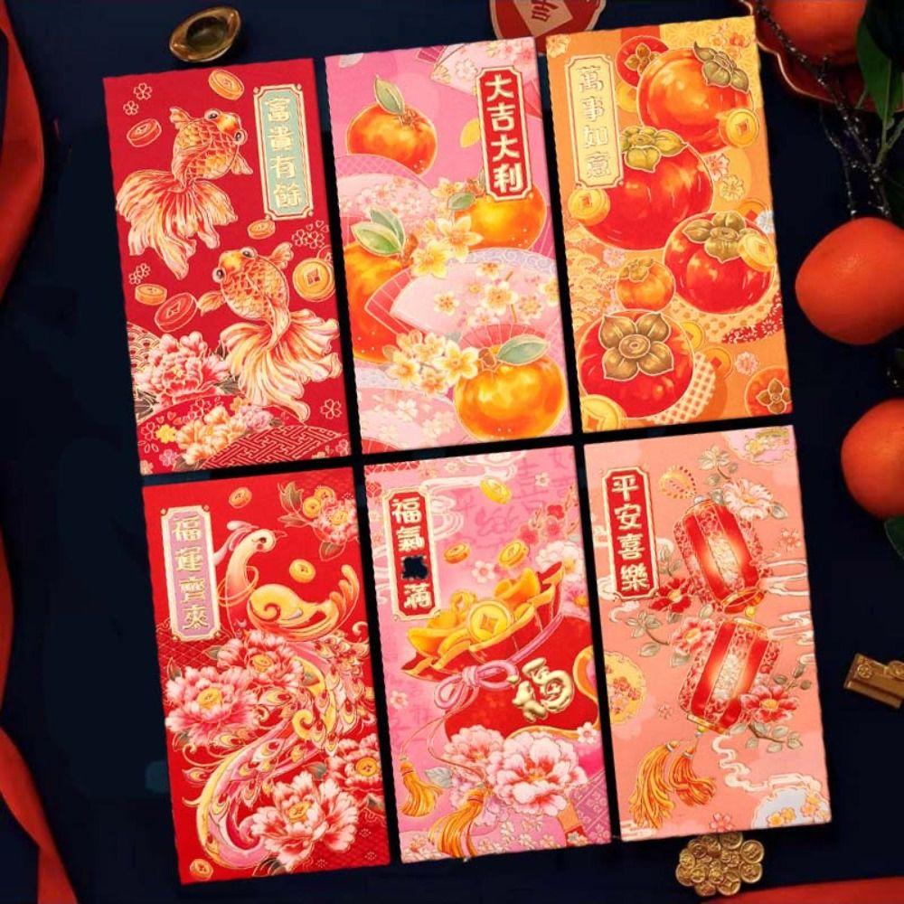 6 шт. Конверты красные на китайский Новый год с разными узорами, тиснение фольгой, креативный красный пакет хонбао 2025