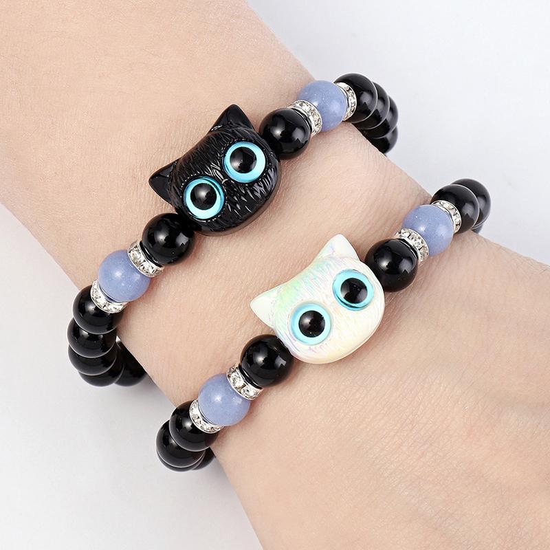 1Pc Cute Big Eye Cat Luminous Bracelets For Women Cartoon Animal Pendant Beaded Hand Chain Friendship Couple Bracelet Jewelry Gift