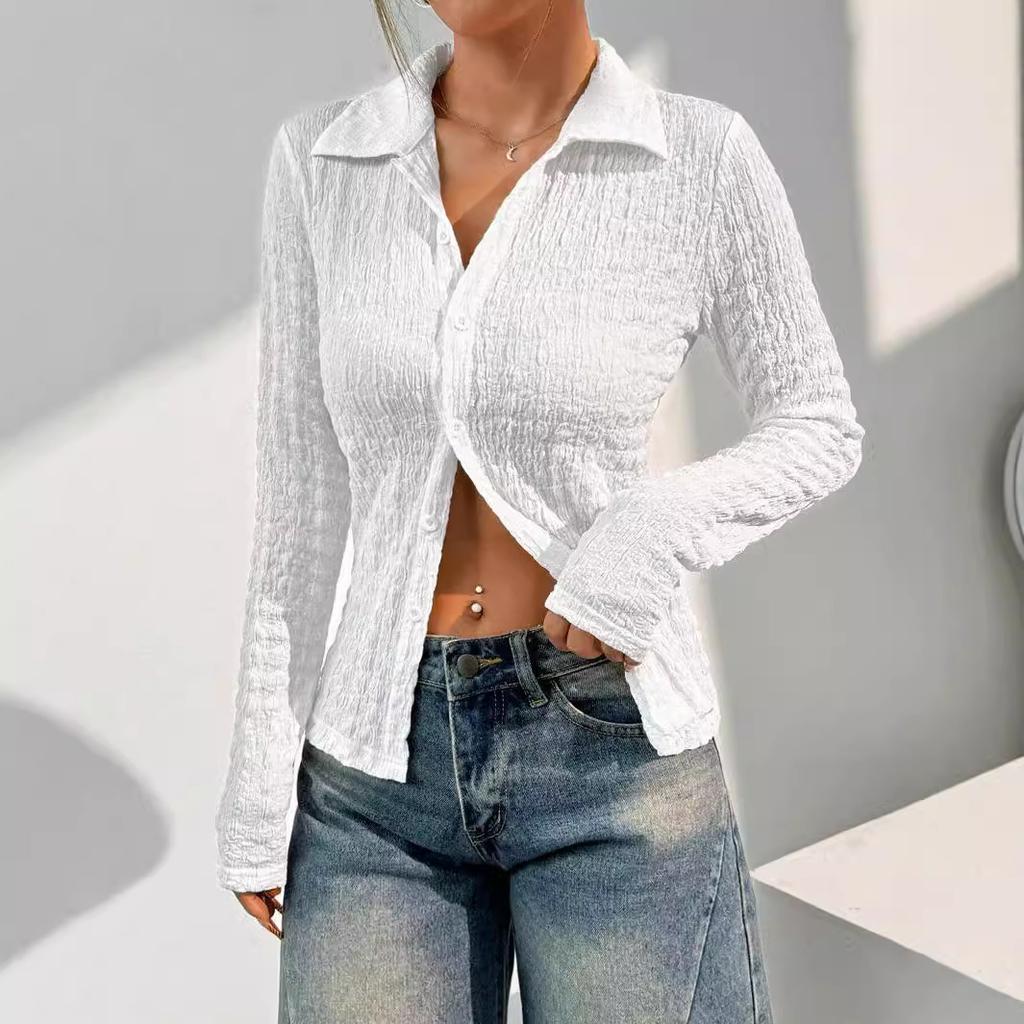 Women's Elegant Solid Colour Textured Long Sleeve Fashion Shirt