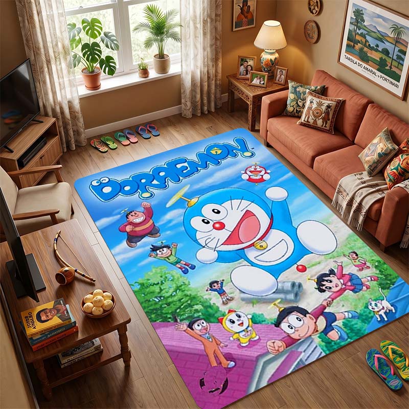 Doraemon & Friends Flying with Bamboo-Copter Area Rug, Non-Slip Floor Mat with Anime Print, Durable Carpet for Kids Bedroom