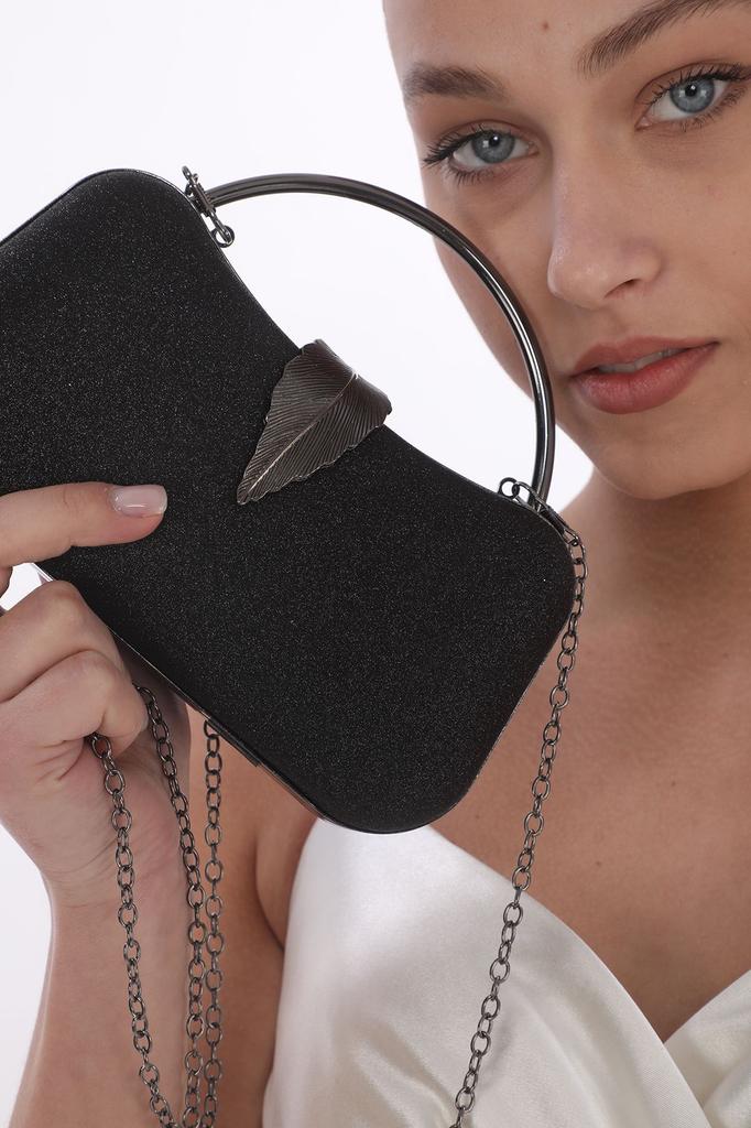 Women's Stylish and Useful Evening Dress Bag Gold Color Bream Material Leaf Accessory Hand and Strap Evening Dress Portfolio Clutch Evening Bag