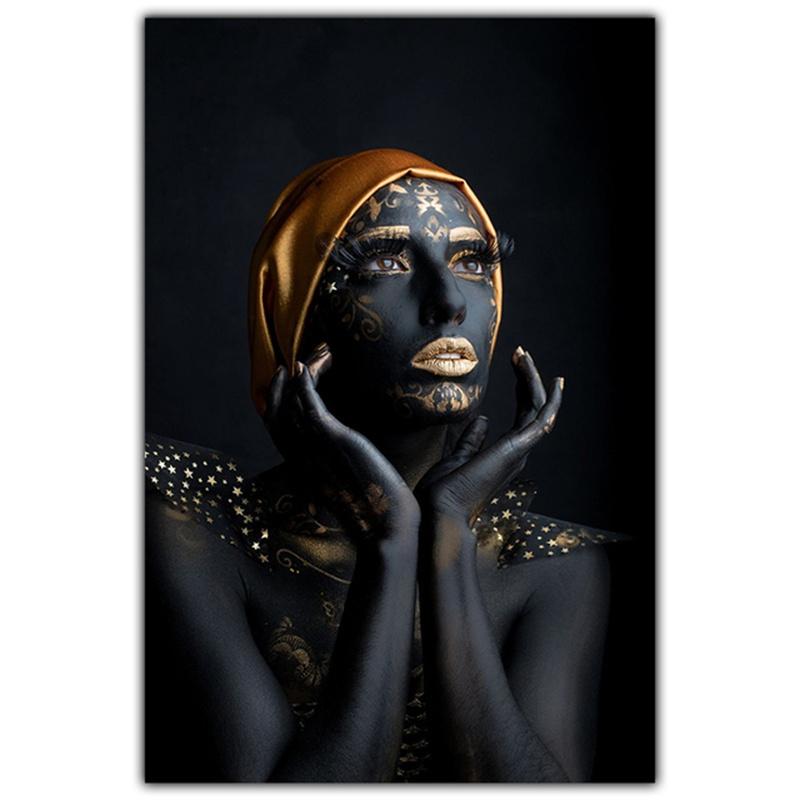 Gold Necklace African Woman Canvas Painting Figure Art Posters and Prints Black Women Wall Art Pictures for Living Room Decor