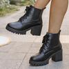 Fashion Sexy Lace Up High Heel Ankle Boots Women Autumn Fashion Solid Black Pu Round Toe Chelsea Boots Chunky Platform Non Slip Shoes
