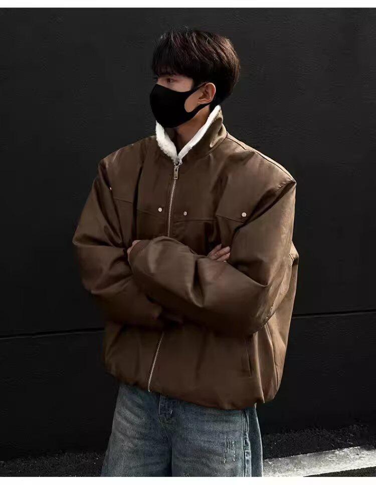 Мужской ретро-цельный пальто из шерсти ягненка тай-дай с бархатной подкладкой, отложным воротником и кожаными акцентами