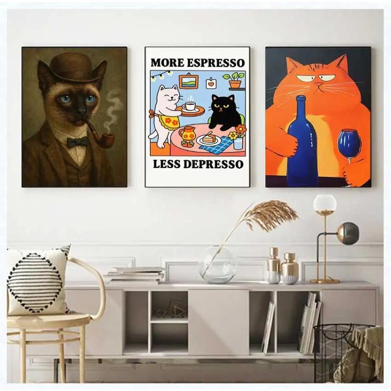 Cat with Cocktail Smoking Poster Canvas Painting Print Wall Art for Living Room Home Decor More Spaghetti, Less Upsetti Black