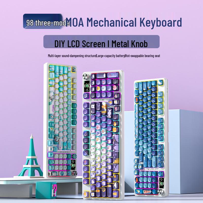 98-клавишная RGB беспроводная Bluetooth механическая клавиатура с тройным режимом - Игровая, для киберспорта и офиса, с настраиваемым экраном