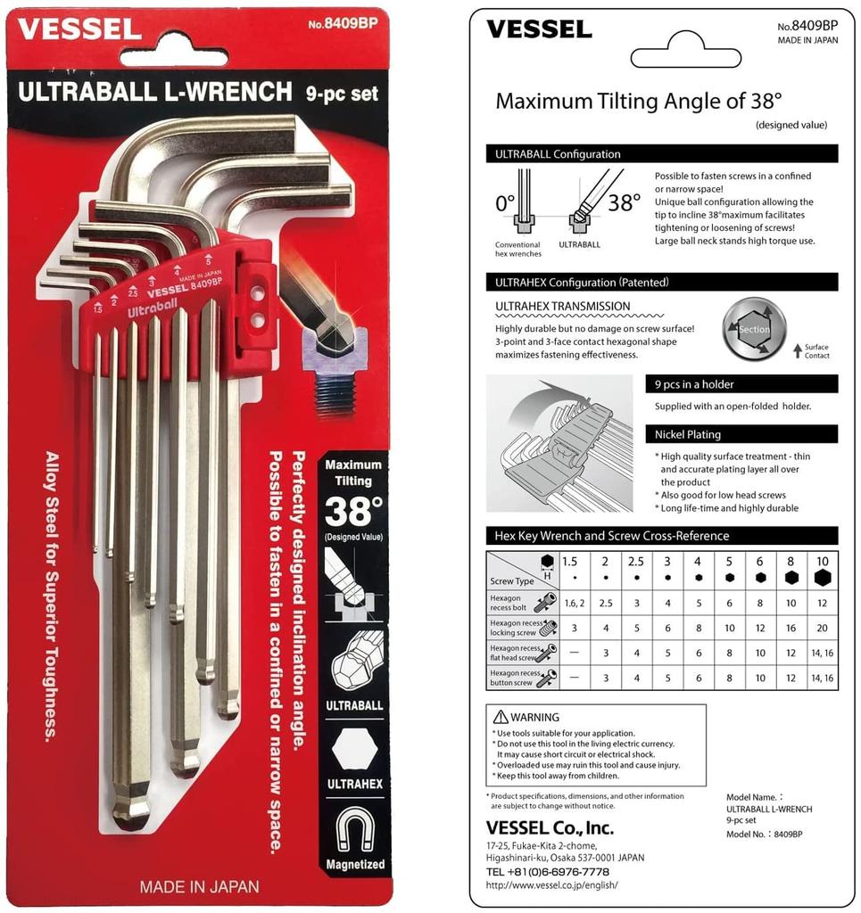 VESSEL Final Tightening Ball Point L Type Hex Wrench Set of 3 Points 3 Surface Contact Ultra Hex Shape 8409BP (Set 9)