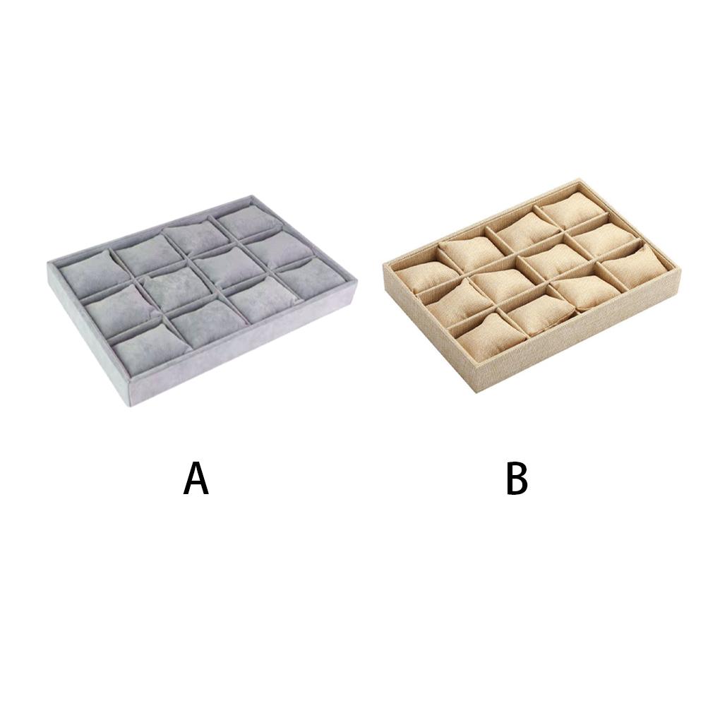 Бархатная льняная коробка для браслетов, поднос для часов и серег, тарелка с 12 ячейками и подушечкой, домашняя организация, многофункциональный кейс для ювелирных изделий