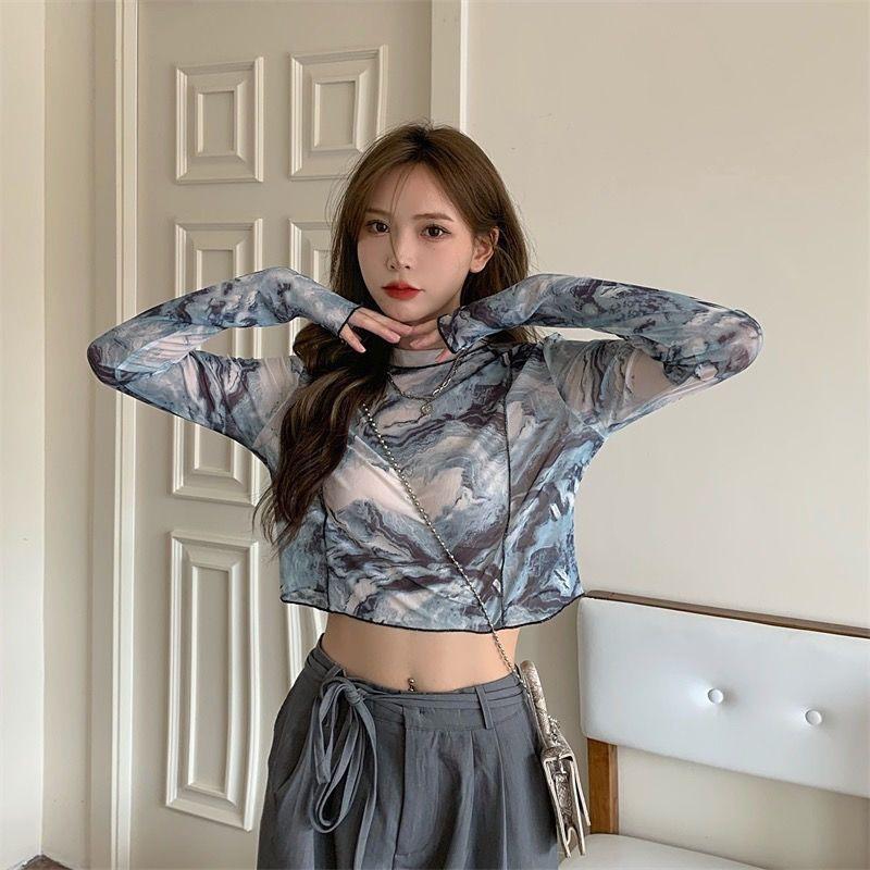 Женские футболки с длинным рукавом с принтом тай-дай, летние солнцезащитные укороченные топы, модные уличные газовые топы в корейском стиле, шикарные подростковые ретро